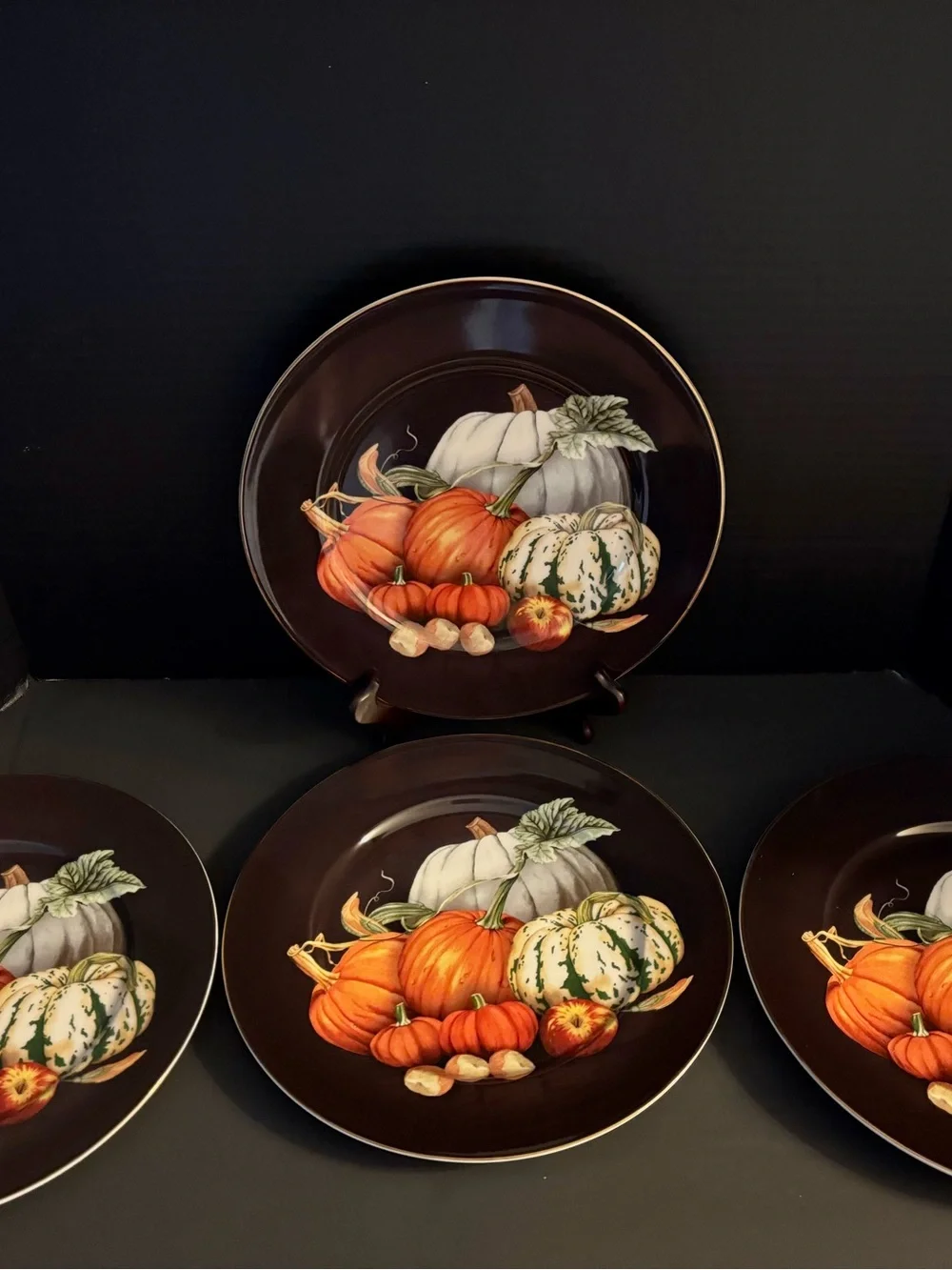 Williams Sonoma Harvest Pumpkin 4 Black Dinner Plates 10.5” 2018 Discontinued